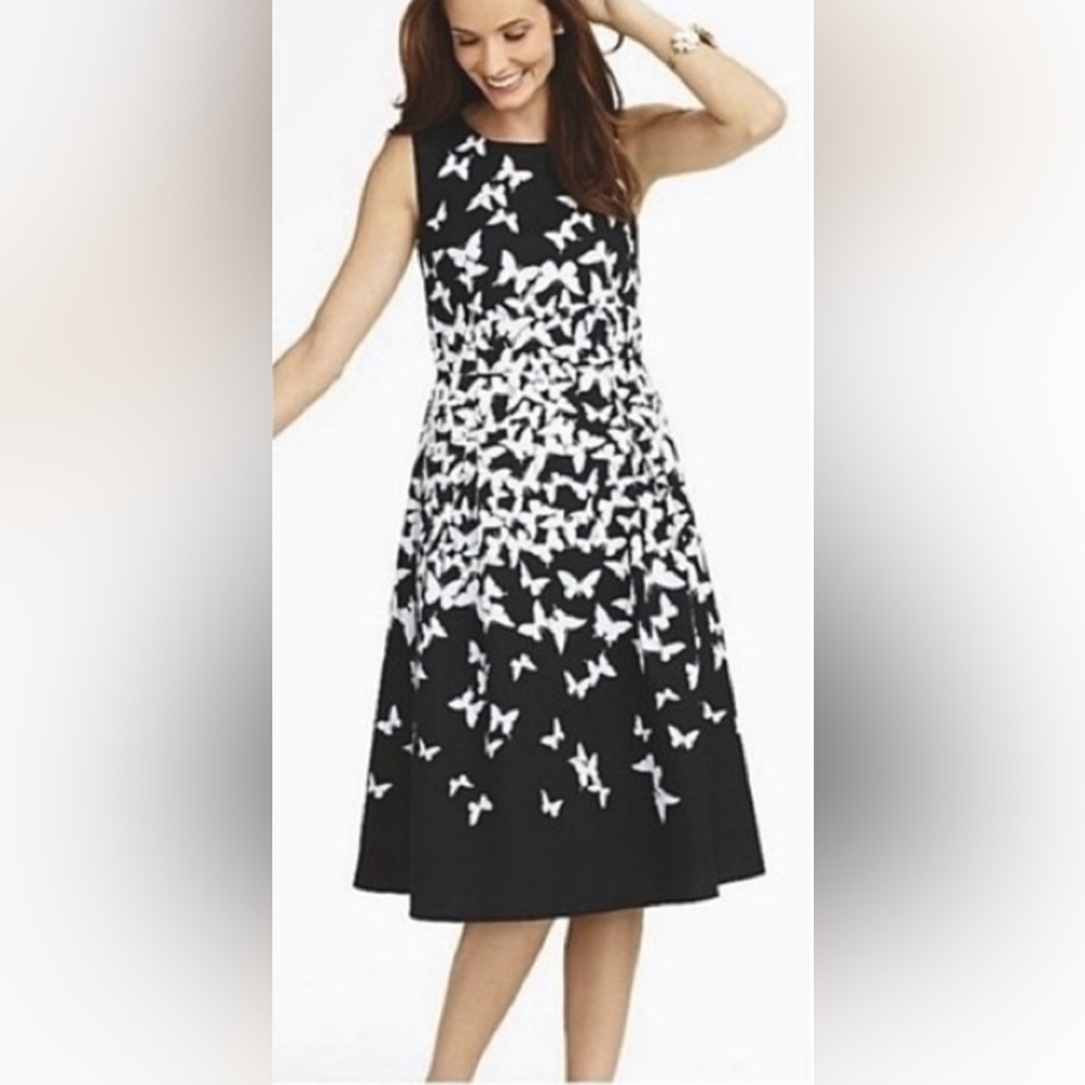 Talbots Black & White Butterfly Print Fit & Flare Midi Dress Size 8